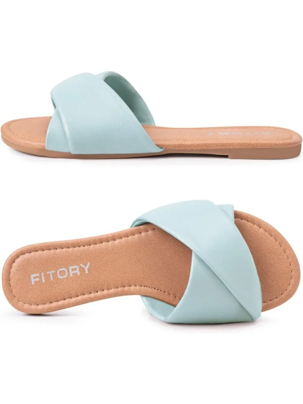 Women's Baby Blue Flat Sandals Fashion Slides With Leather Slippers for Summer
